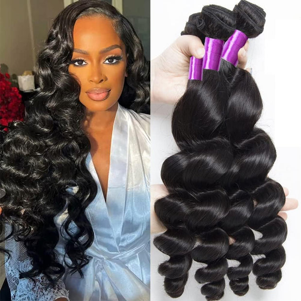 Loose Wave Bundles Human Hair 3 Bunldes 100% Unprocessed Brazilian Virgin Hair Loose Wave Bundles Hair Extensions for Black Women