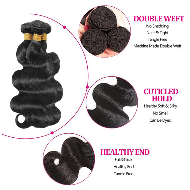 Body Wave Bundles Human Hair 10 10 10 Inch Human Hair Bundle 100% Unprocessed Brazilian Virgin Hair 3 Bundles Human Hair Extensions for Black Women Natural Color