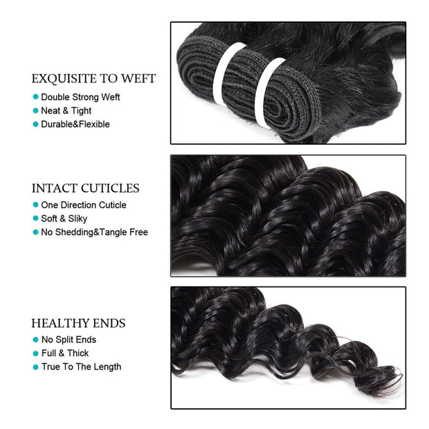 Deep Wave Bundles Human Hair 4 Bundles 12A Brazilian Virgin Human Hair 100% Unprocessed Natural Color Brazilian Human Hair Weave Extensions (8"8"8"8")