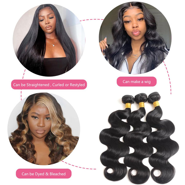 Body Wave Bundles Human Hair 10 10 10 Inch Human Hair Bundle 100% Unprocessed Brazilian Virgin Hair 3 Bundles Human Hair Extensions for Black Women Natural Color