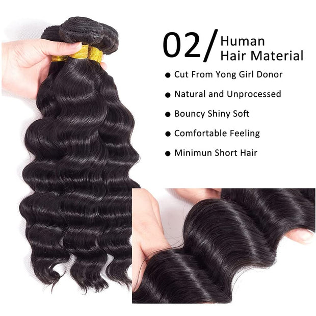 Brazilian Virgin Loose Deep Wave 3 Bundles 10 12 14 inches 9A Brazilian Loose Deep Wave Bundles 100% Unprocessed Loose Deep Human Hair Bundles Virgin Hair Extensions Natural Color