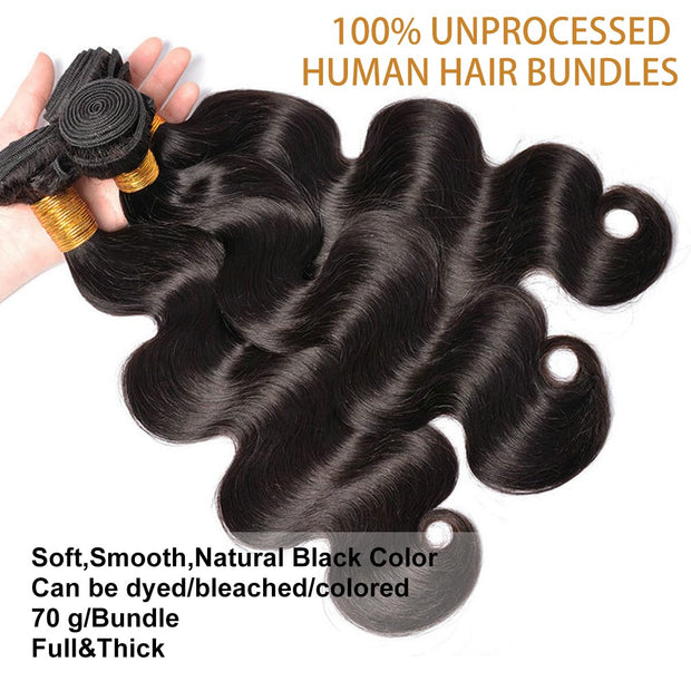 Body Wave Bundles Human Hair 10 10 10 Inch Human Hair Bundle 100% Unprocessed Brazilian Virgin Hair 3 Bundles Human Hair Extensions for Black Women Natural Color