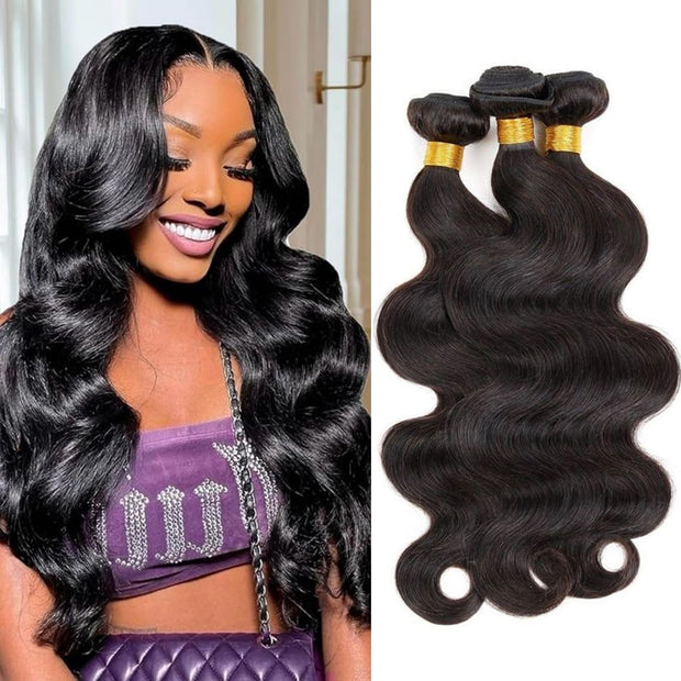Body Wave Bundles Human Hair 10 10 10 Inch Human Hair Bundle 100% Unprocessed Brazilian Virgin Hair 3 Bundles Human Hair Extensions for Black Women Natural Color