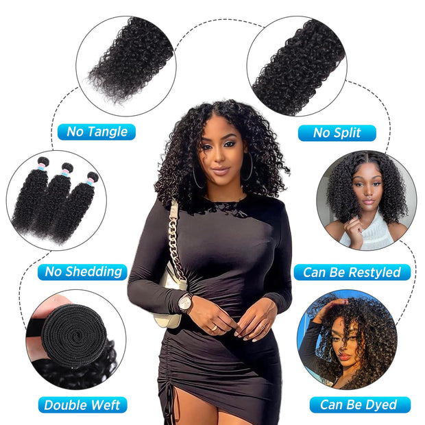 EMOL Curly Bundles Human Hair Kinky Curly Human Hair Bundles for Black Women 8 10 12 inch Afro Kinkycurly Bundles Human Hair Weave 3 Bundles Kinky Hair Wefts