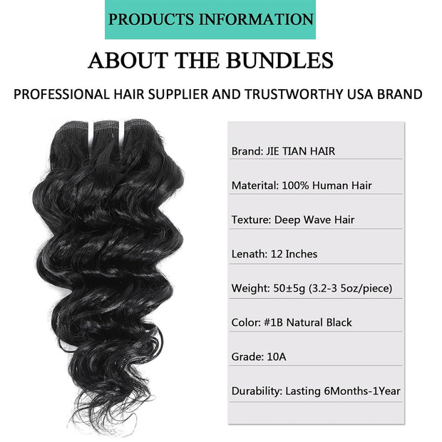 Deep Wave Bundles Human Hair 4 Bundles 12A Brazilian Virgin Human Hair 100% Unprocessed Natural Color Brazilian Human Hair Weave Extensions (8"8"8"8")