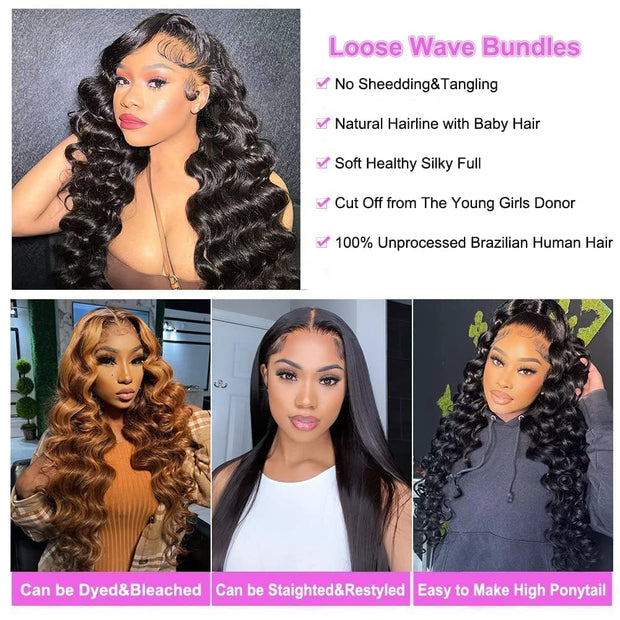 Loose Wave Bundles Human Hair 3 Bunldes 100% Unprocessed Brazilian Virgin Hair Loose Wave Bundles Hair Extensions for Black Women
