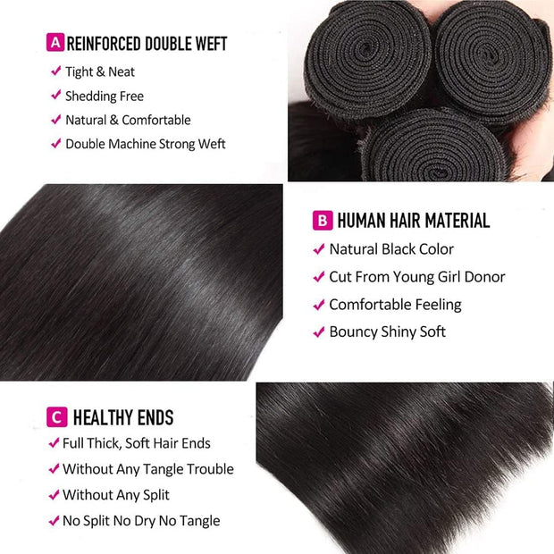 Straight Human Hair Bundles 8 10 12 Inch Trippy Hair Bundles 100% Unprocessed Brazilian Straight Human Hair Extension for Women Natural Black Color